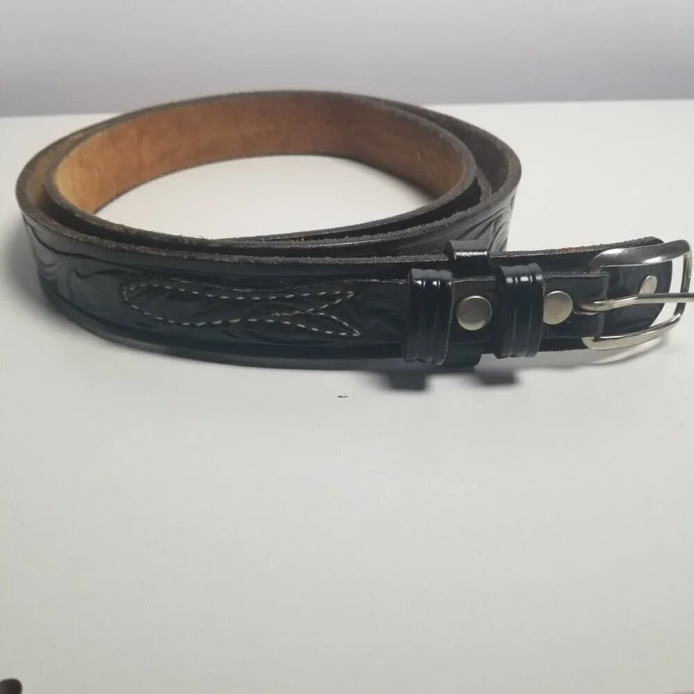 Vtg Looper Tooled Men's Black Leather Western Belt Sz 46